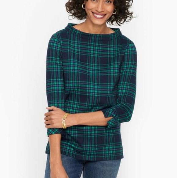 Talbots Tops - Talbot's Plaid Funnel Neck Cotton Blend 3/4 Sleeve Pullover Academia PXS